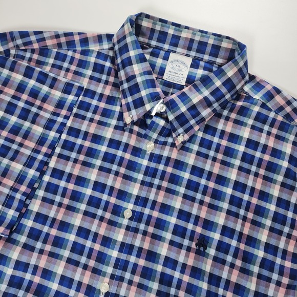 Brooks Brothers Shirt Mens 2XL Blue Regent Fit Plaid Short Sleeve Lamb Logo EUC - Picture 1 of 10